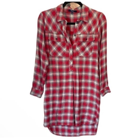 Madewell flannel dress plaid soft cozy pockets xxs oversized fall wear red gray - Picture 2 of 7